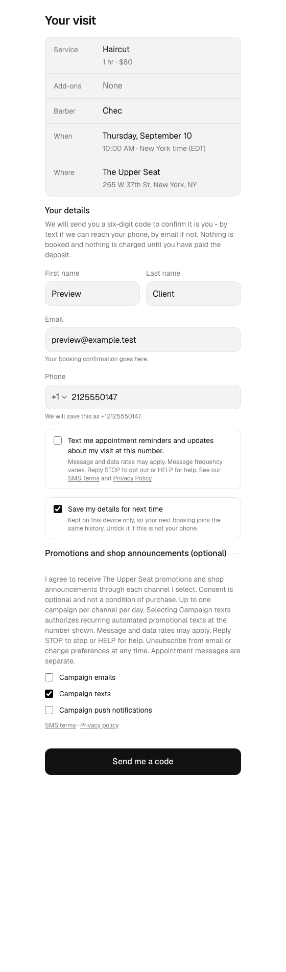 Booking consent preview with Campaign texts selected for a fictional phone number and the complete disclosure.