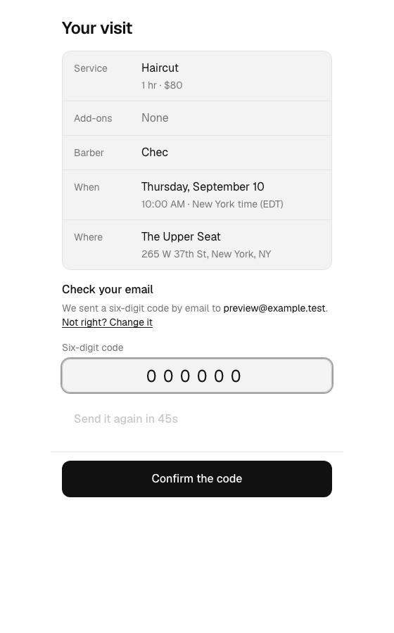 Booking verification code screen with Confirm the code button.