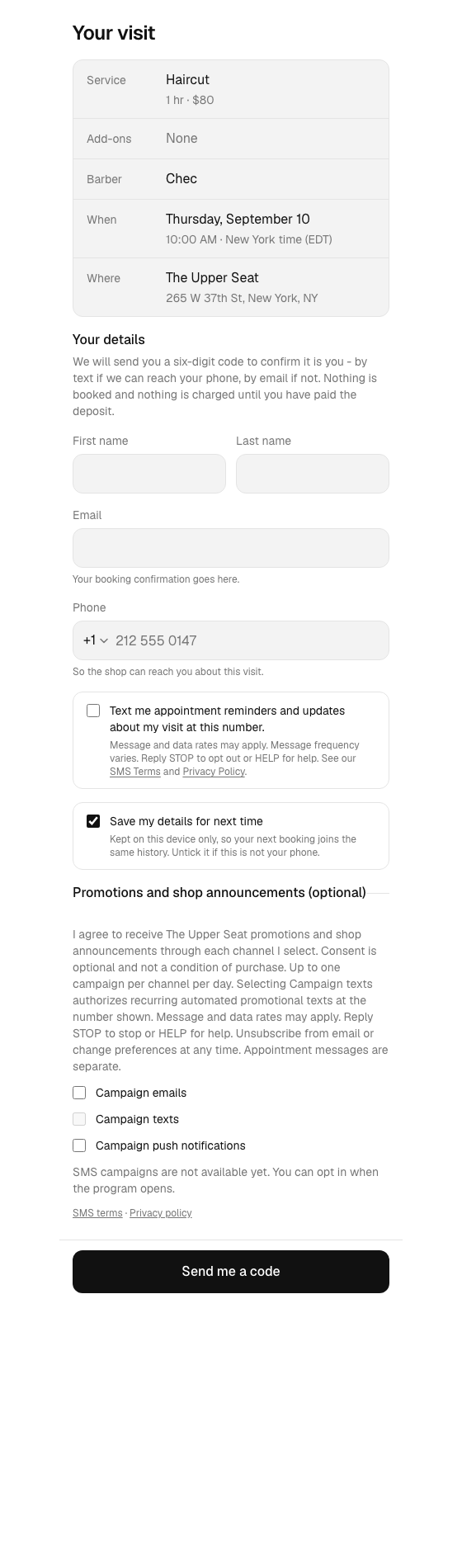 Booking contact fields, separate unchecked appointment and campaign consent, full disclosure and policy links, with SMS campaigns unavailable.
