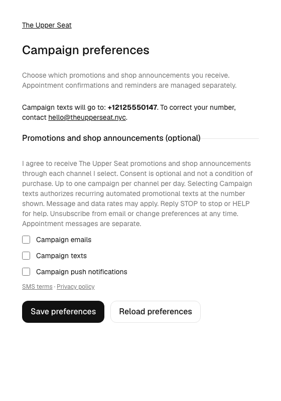 Authenticated campaign preferences with a fictional recipient number, unchecked choices, disclosure, policy links and Save preferences.