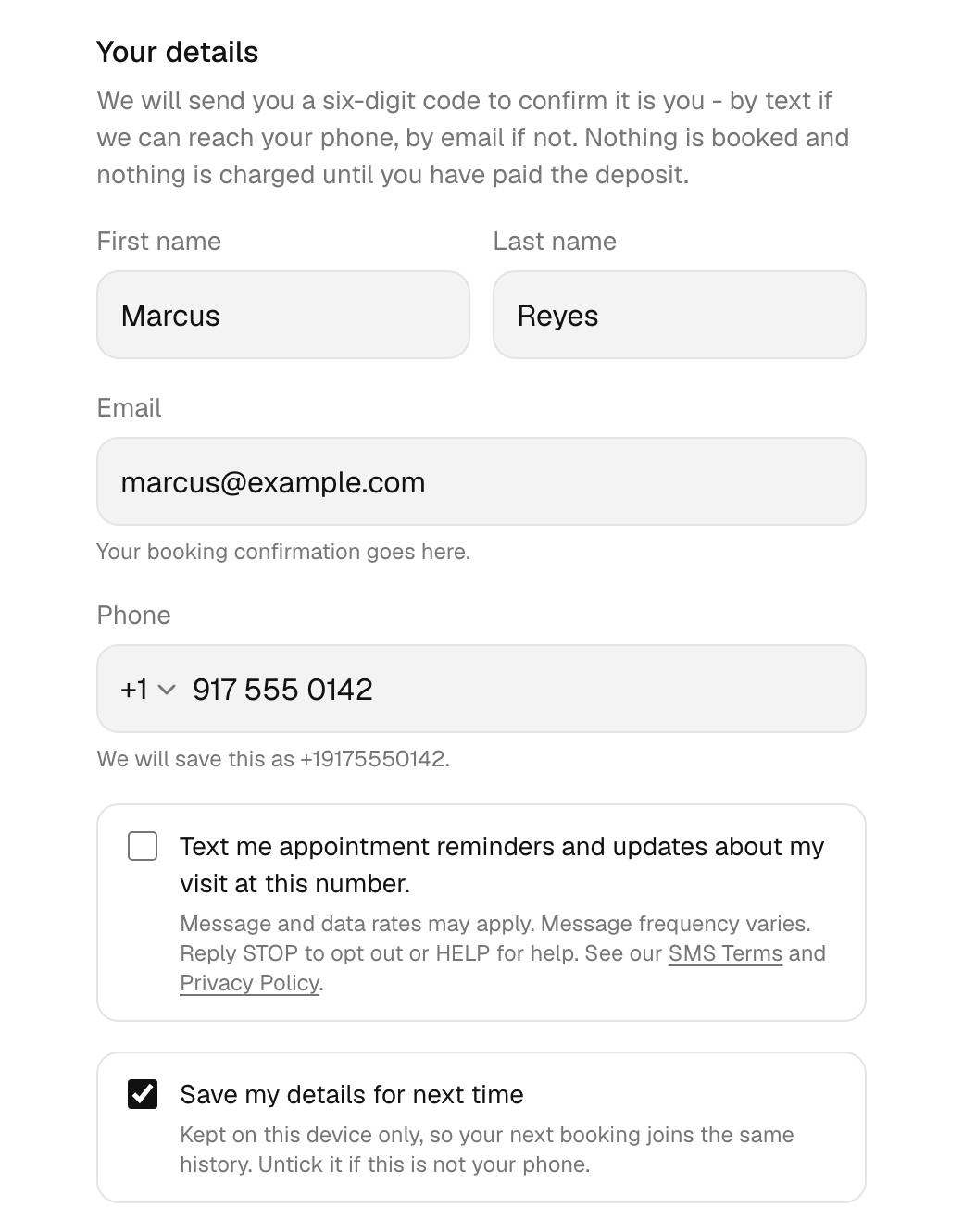 The Upper Seat booking form. Under the phone number field sits an unchecked checkbox reading "Text me appointment reminders and updates about my visit at this number. Message and data rates may apply. Message frequency varies. Reply STOP to opt out or HELP for help. See our SMS Terms and Privacy Policy.", with SMS Terms and Privacy Policy as links.